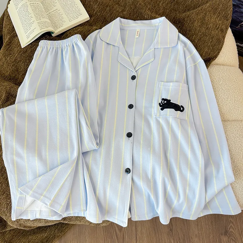 Photo réelle#Pyjama deux pièces homme grande taille manches longues polaire bleue à rayures chaton noir épais et chaud automne hiver · Grossiste · OEM · Mondial - Detail 5
