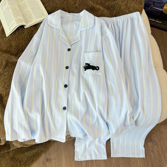 Photo réelle#Pyjama deux pièces homme grande taille manches longues polaire bleue à rayures chaton noir épais et chaud automne hiver · Grossiste · OEM · Mondial - Detail 1