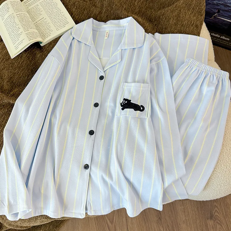 Photo réelle#Pyjama deux pièces homme grande taille manches longues polaire bleue à rayures chaton noir épais et chaud automne hiver · Grossiste · OEM · Mondial - Detail 6