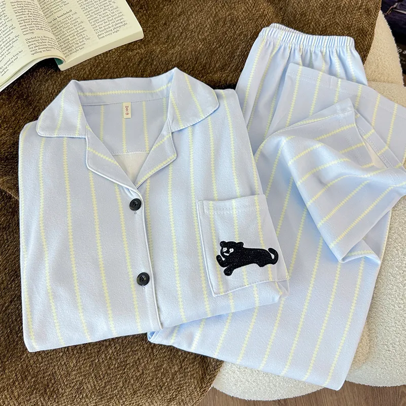 Photo réelle#Pyjama deux pièces homme grande taille manches longues polaire bleue à rayures chaton noir épais et chaud automne hiver · Grossiste · OEM · Mondial - Detail 4