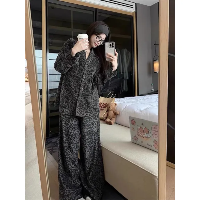 8038 더블벨벳 카키색 레오파드 오리지널 2026 가을겨울 신상 커플 동일 디자인 두꺼운 고급감 홈웨어 · 도매 · OEM · 전 세계 배송 - Detail 2