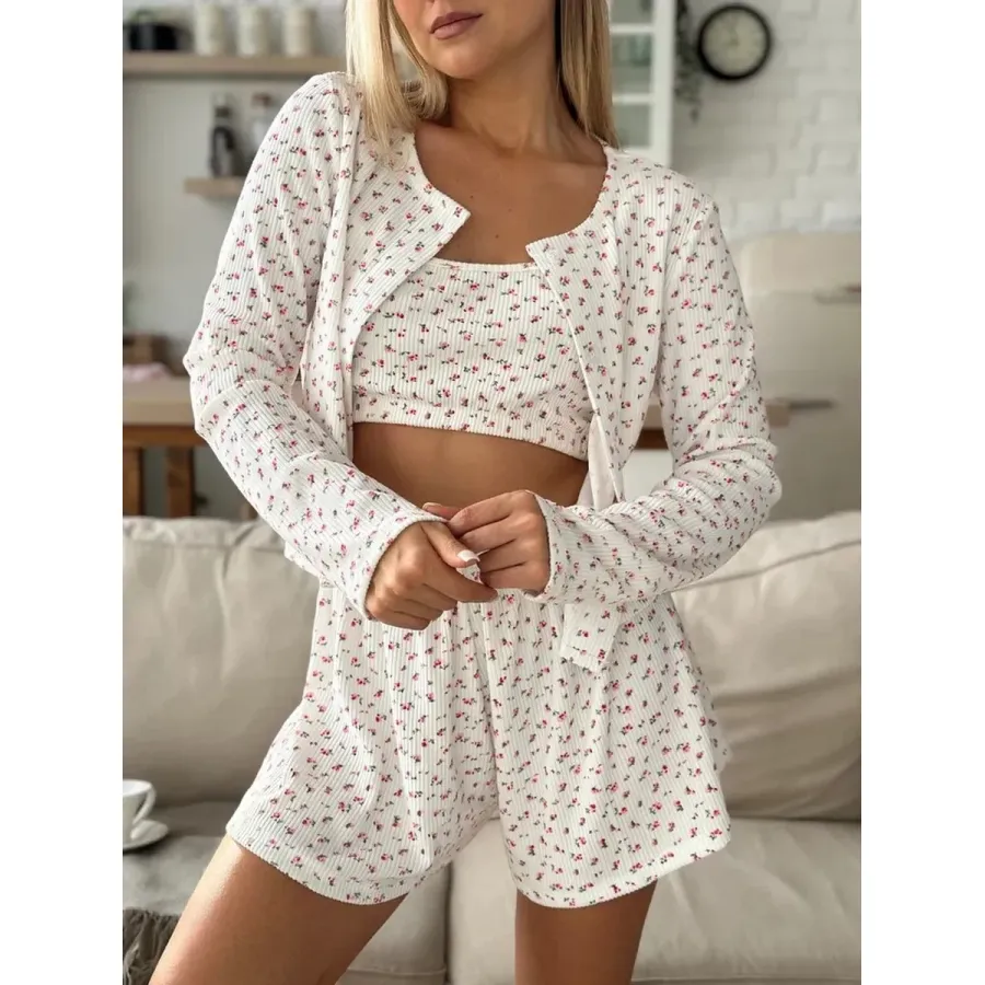 2025 Europe & US Export Women's Knit Jacquard Heart Pattern Three-Piece Pajama Set, Long Sleeve Top and Long Pants, Spring/Summer Loungewear · Wholesale · OEM · Worldwide Shipping