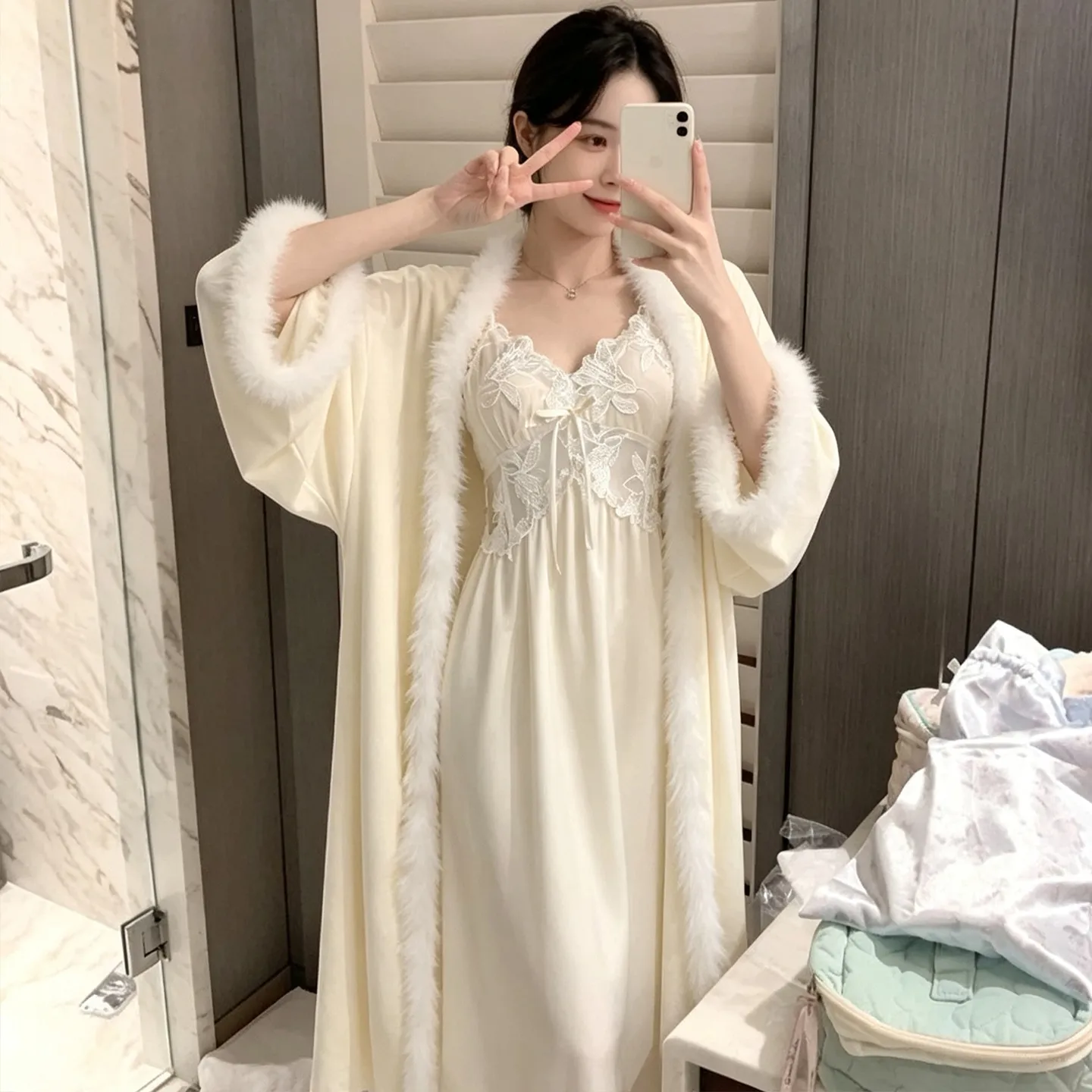 Autumn/Winter Sexy Sleepwear Women Ice Silk Slip Nightgown Island Fleece Outer Robe Set Mid-Length Loungewear · Wholesale · OEM · Worldwide Shipping - Detail 1
