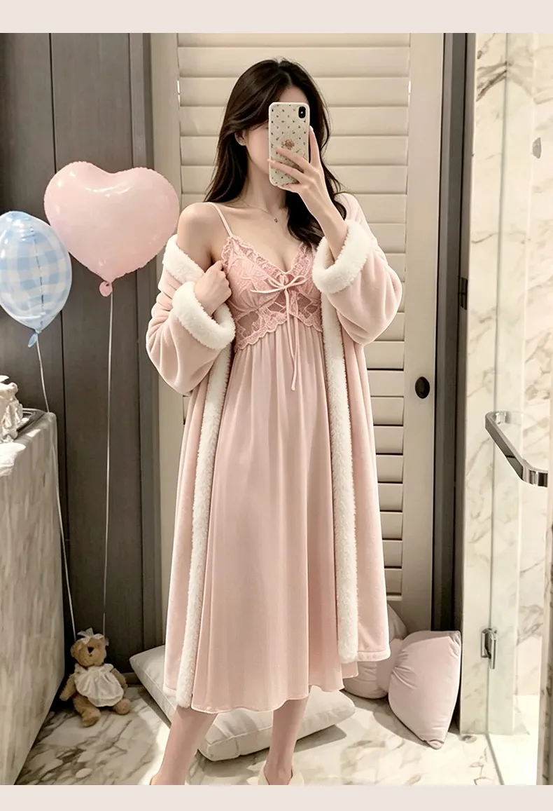 Autumn/Winter Sexy Sleepwear Women Ice Silk Slip Nightgown Island Fleece Outer Robe Set Mid-Length Loungewear · Wholesale · OEM · Worldwide Shipping - Detail 8