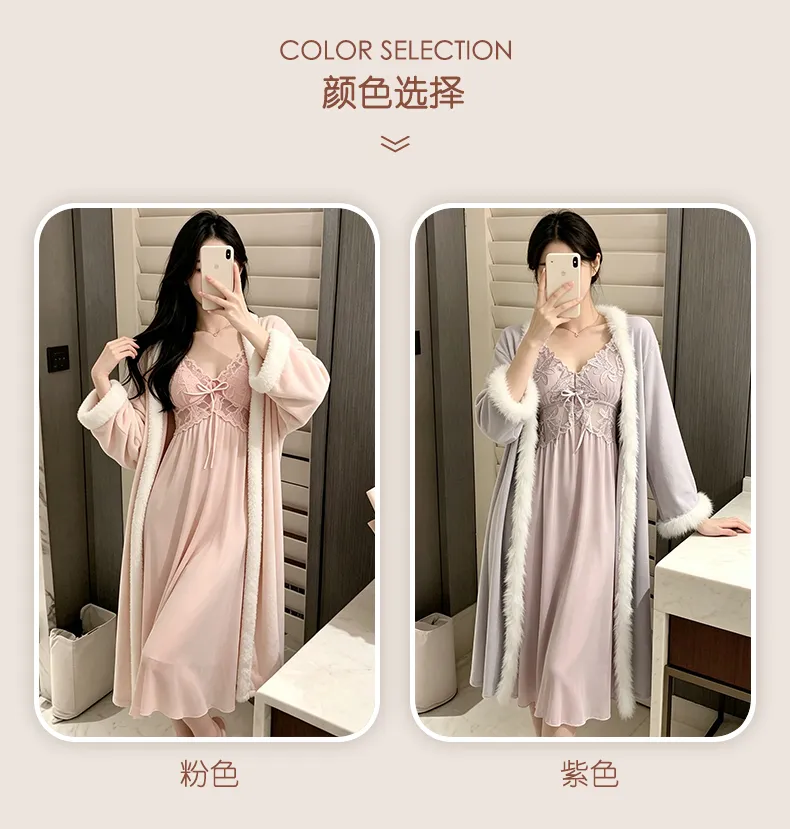 Autumn/Winter Thickened Island Fleece Robe Premium Faux Fur Cuffs Warm Skin-Friendly Ice Snow Silk Inner Slip Dress Over-Knee Long Skirt · Wholesale · OEM · Worldwide Shipping - Detail 13