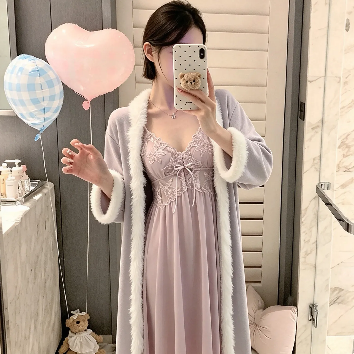 Autumn/Winter Sexy Sleepwear Women Ice Silk Slip Nightgown Island Fleece Outer Robe Set Mid-Length Loungewear · Wholesale · OEM · Worldwide Shipping - Detail 3