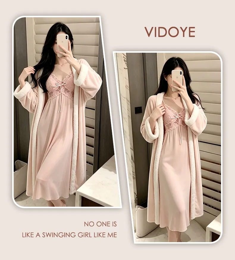 Autumn/Winter Sexy Sleepwear Women Ice Silk Slip Nightgown Island Fleece Outer Robe Set Mid-Length Loungewear · Wholesale · OEM · Worldwide Shipping - Detail 14