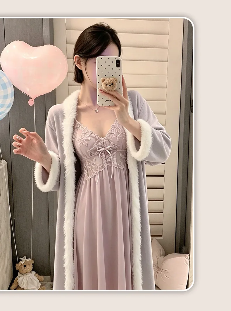 Autumn/Winter Sexy Sleepwear Women Ice Silk Slip Nightgown Island Fleece Outer Robe Set Mid-Length Loungewear · Wholesale · OEM · Worldwide Shipping - Detail 24