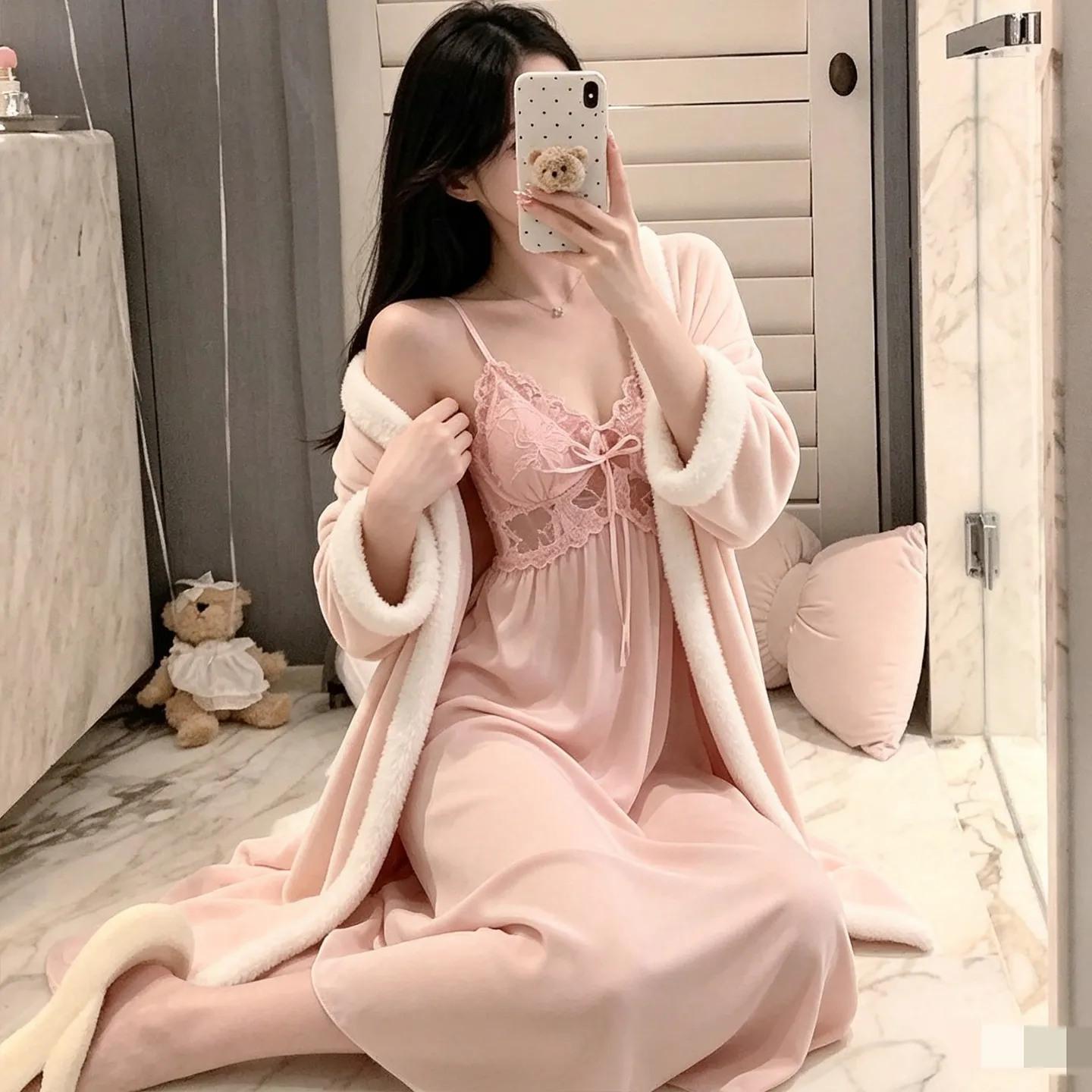 Autumn/Winter Sexy Sleepwear Women Ice Silk Slip Nightgown Island Fleece Outer Robe Set Mid-Length Loungewear · Wholesale · OEM · Worldwide Shipping - Detail 2
