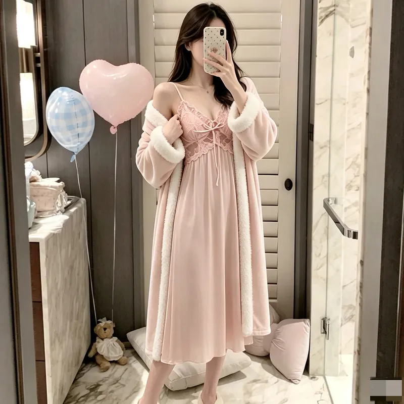 Autumn/Winter Thickened Island Fleece Robe Premium Faux Fur Cuffs Warm Skin-Friendly Ice Snow Silk Inner Slip Dress Over-Knee Long Skirt · Wholesale · OEM · Worldwide Shipping