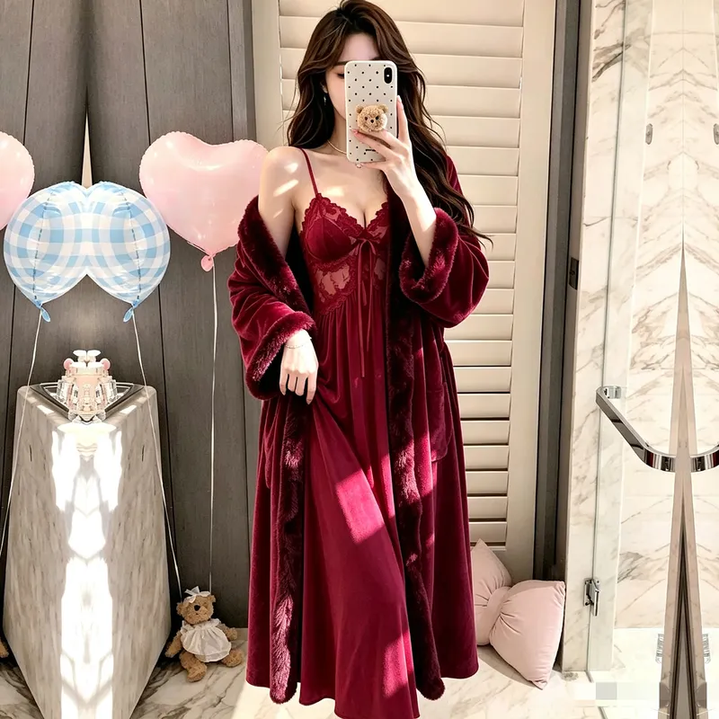 Autumn/Winter Thickened Island Fleece Robe Premium Faux Fur Cuffs Warm Skin-Friendly Ice Snow Silk Inner Slip Dress Over-Knee Long Skirt · Wholesale · OEM · Worldwide Shipping - View 2