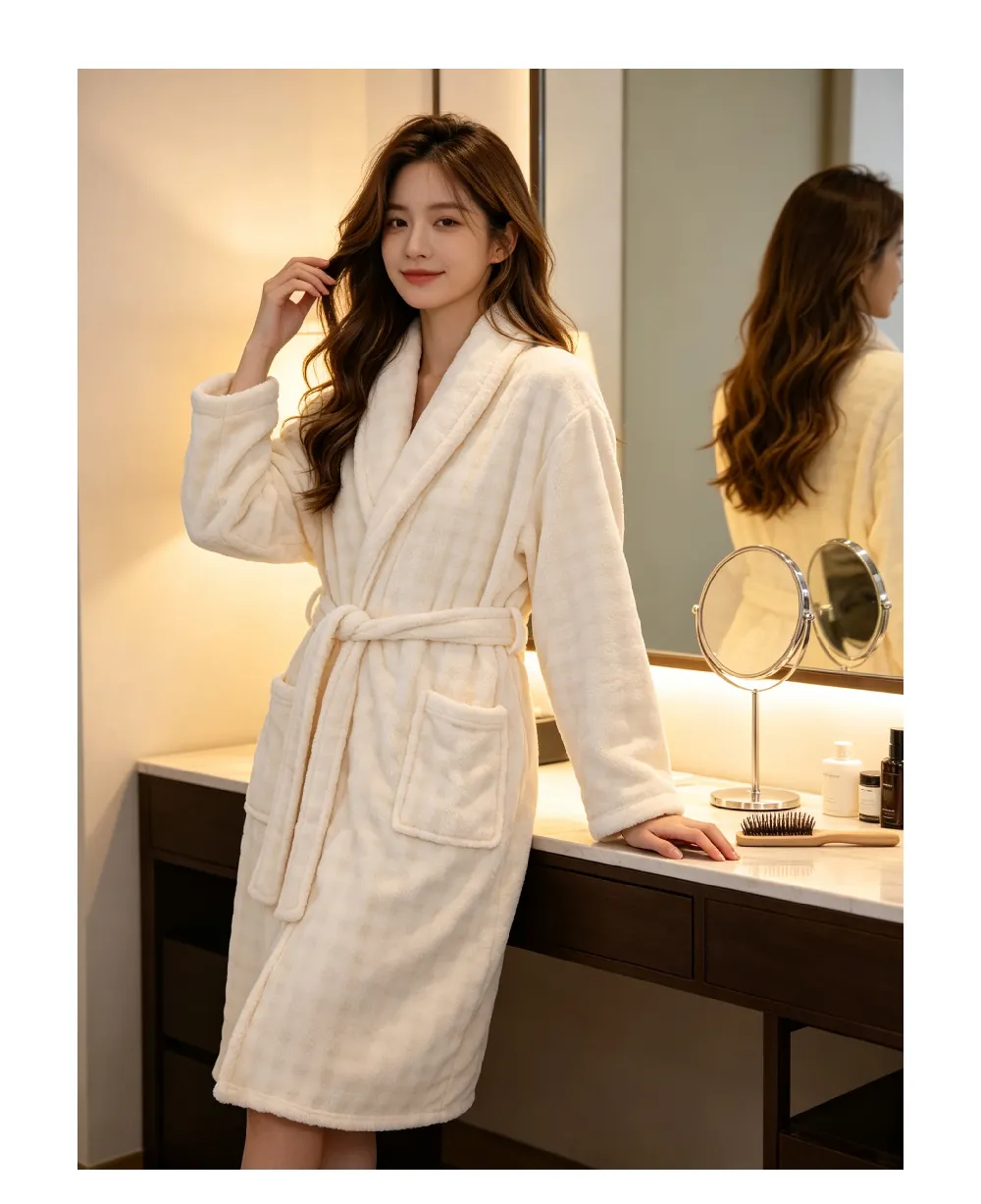 350G thickened warm coral fleece robe women bathrobe loose tie pajamas flannel · Wholesale · OEM · Worldwide Shipping - Detail 4