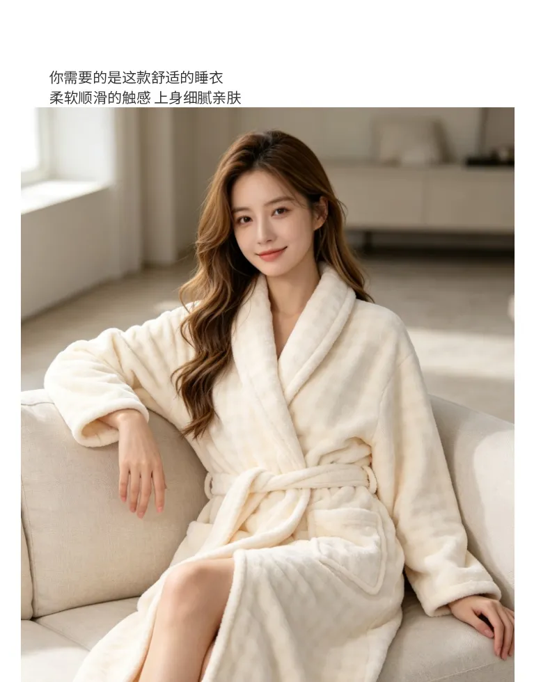 350G thickened warm coral fleece robe women bathrobe loose tie pajamas flannel · Wholesale · OEM · Worldwide Shipping - Detail 5