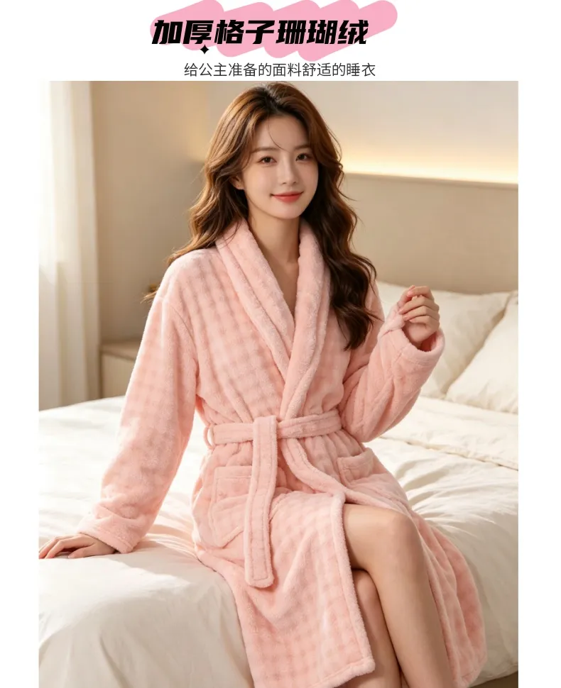 350G thickened warm coral fleece robe women bathrobe loose tie pajamas flannel · Wholesale · OEM · Worldwide Shipping - Detail 8