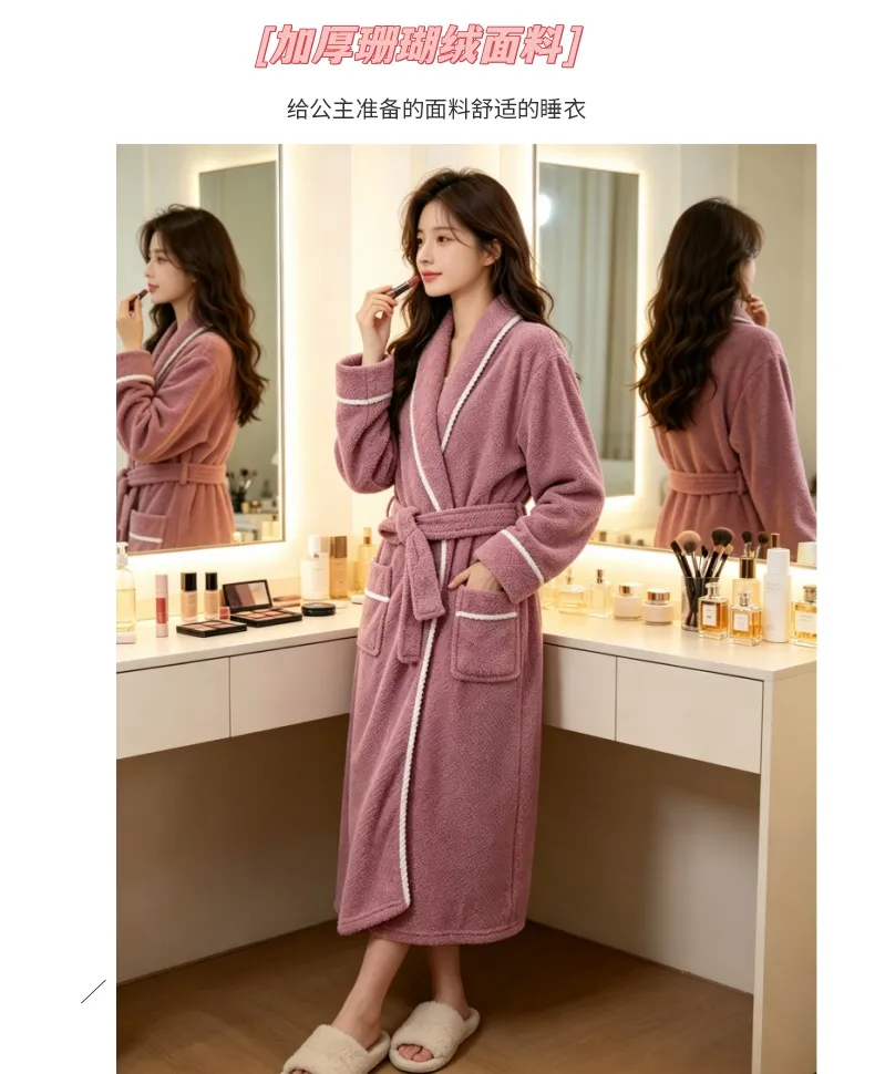 Peignoir femme automne hiver chaud flanelle bathrobe ample ceinture pyjama violet simple pur désir polaire corail · Grossiste · OEM · Mondial - Detail 2