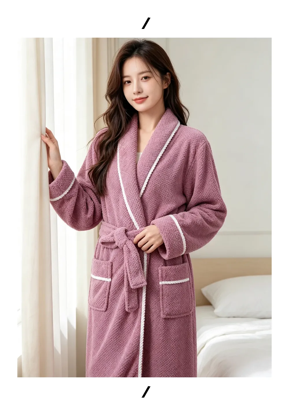 Peignoir femme automne hiver chaud flanelle bathrobe ample ceinture pyjama violet simple pur désir polaire corail · Grossiste · OEM · Mondial - Detail 5