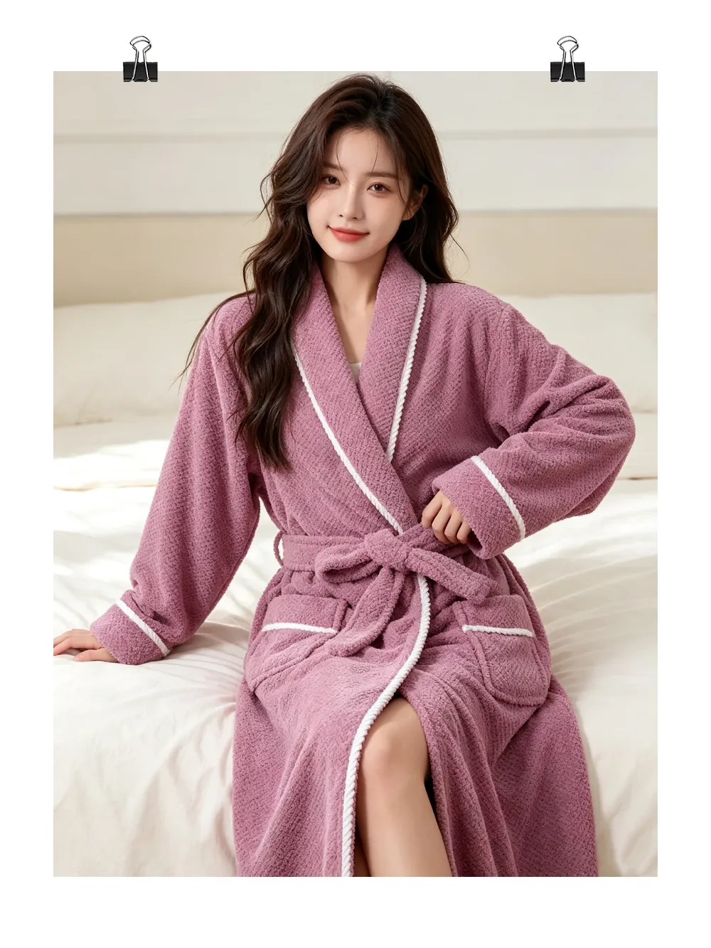 Peignoir femme automne hiver chaud flanelle bathrobe ample ceinture pyjama violet simple pur désir polaire corail · Grossiste · OEM · Mondial - Detail 4