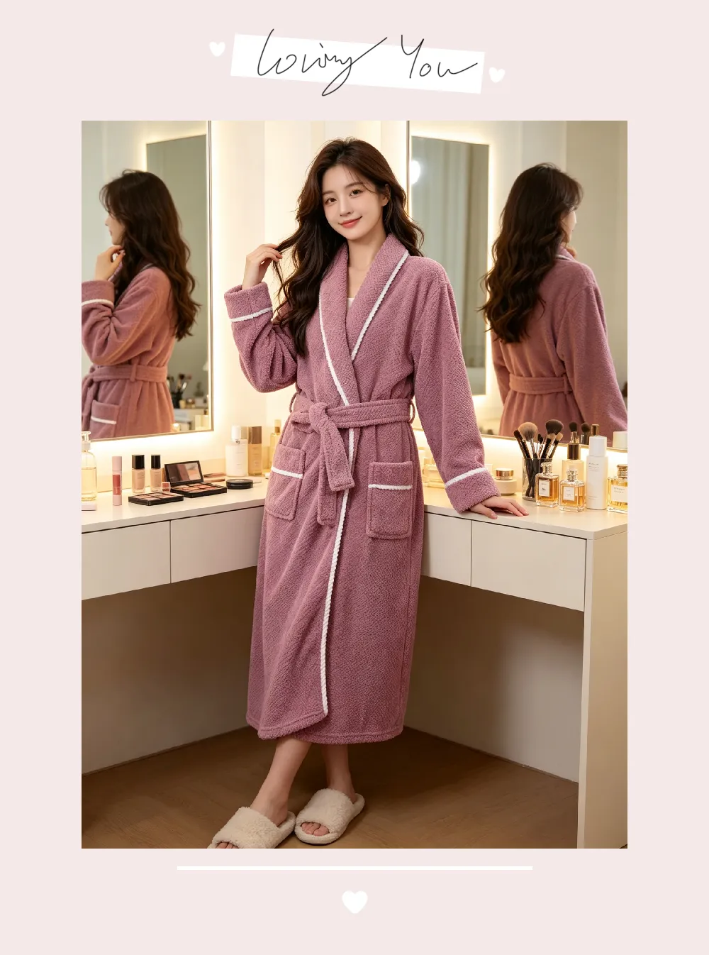 Peignoir femme automne hiver chaud flanelle bathrobe ample ceinture pyjama violet simple pur désir polaire corail · Grossiste · OEM · Mondial - Detail 9