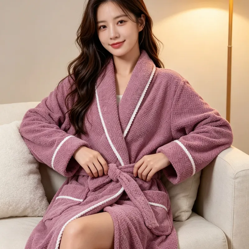 Peignoir femme automne hiver chaud flanelle bathrobe ample ceinture pyjama violet simple pur désir polaire corail · Grossiste · OEM · Mondial - View 2