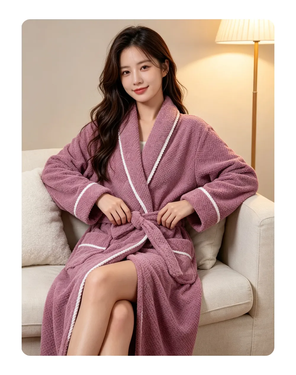 Peignoir femme automne hiver chaud flanelle bathrobe ample ceinture pyjama violet simple pur désir polaire corail · Grossiste · OEM · Mondial - Detail 7