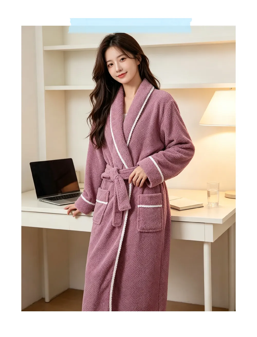Peignoir femme automne hiver chaud flanelle bathrobe ample ceinture pyjama violet simple pur désir polaire corail · Grossiste · OEM · Mondial - Detail 8