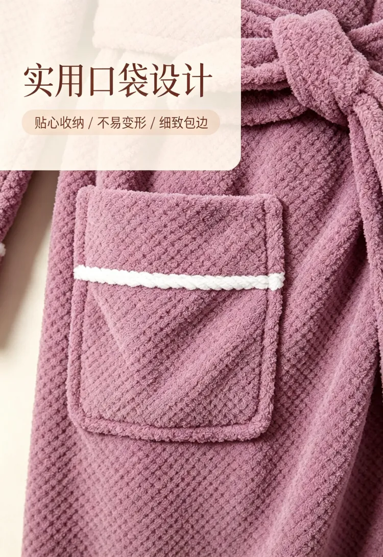 Peignoir femme automne hiver chaud flanelle bathrobe ample ceinture pyjama violet simple pur désir polaire corail · Grossiste · OEM · Mondial - Detail 13