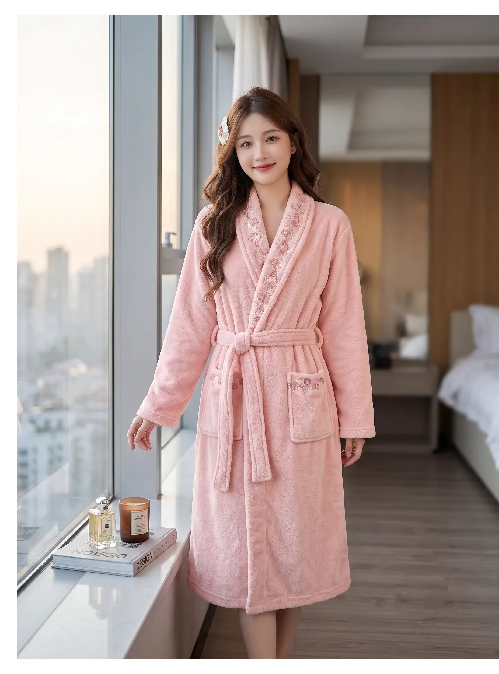 300G thickened warm coral fleece robe women bathrobe loose tie pajamas cherry embroidery flannel · Wholesale · OEM · Worldwide Shipping - Detail 8