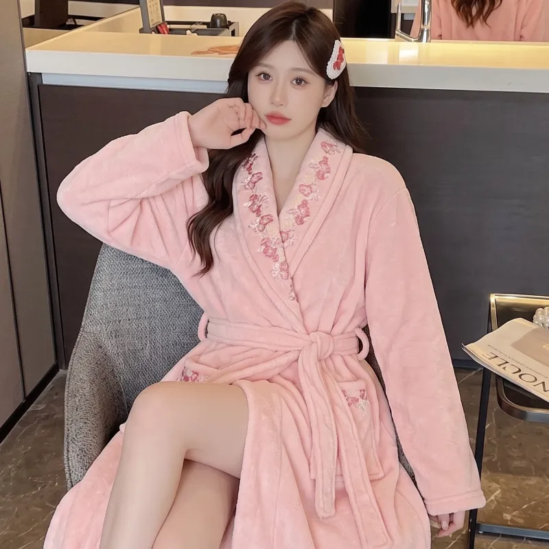 300G thickened warm coral fleece robe women bathrobe loose tie pajamas cherry embroidery flannel · Wholesale · OEM · Worldwide Shipping - Detail 1