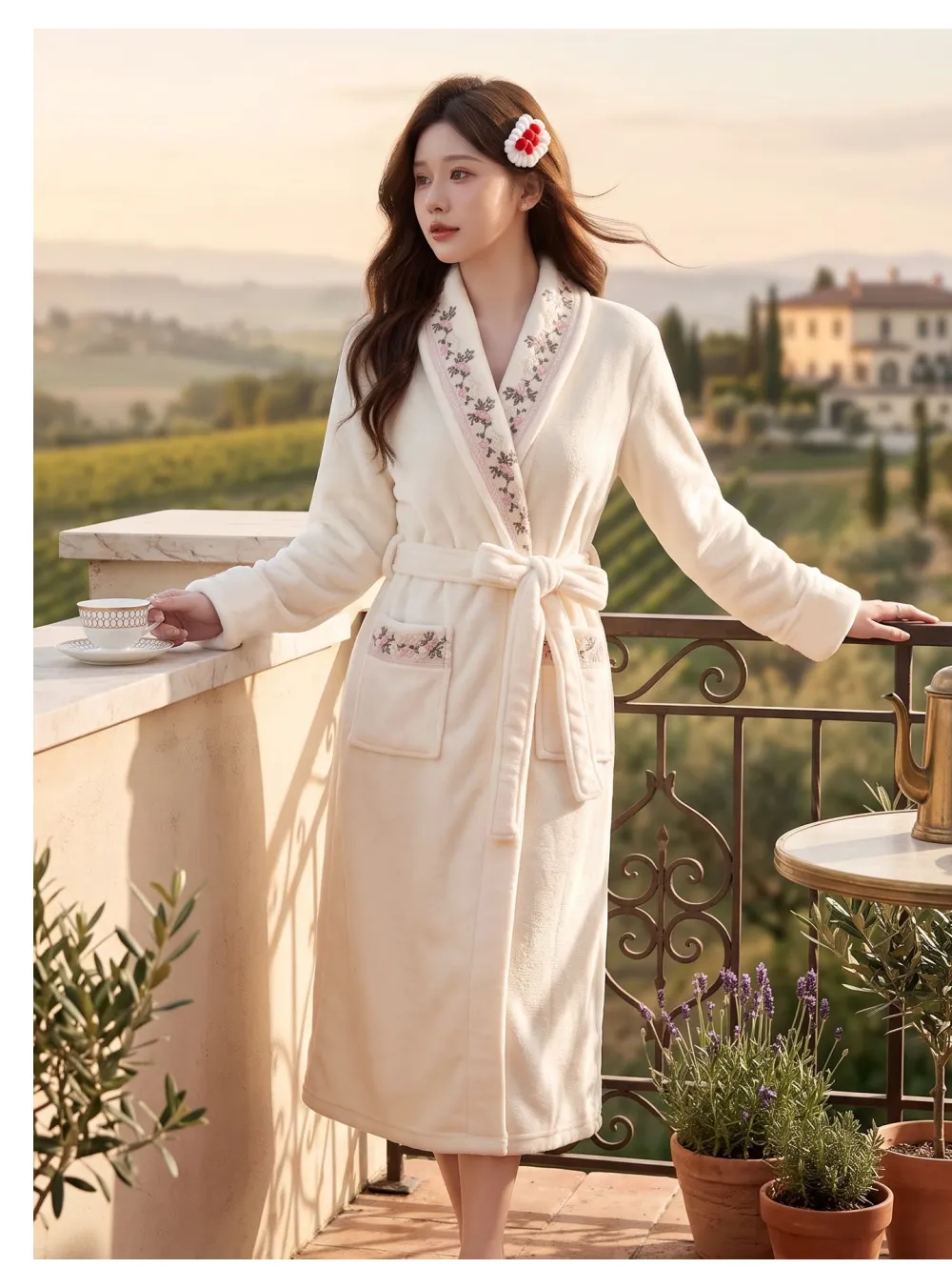 300G thickened warm coral fleece robe women bathrobe loose tie pajamas cherry embroidery flannel · Wholesale · OEM · Worldwide Shipping - Detail 4