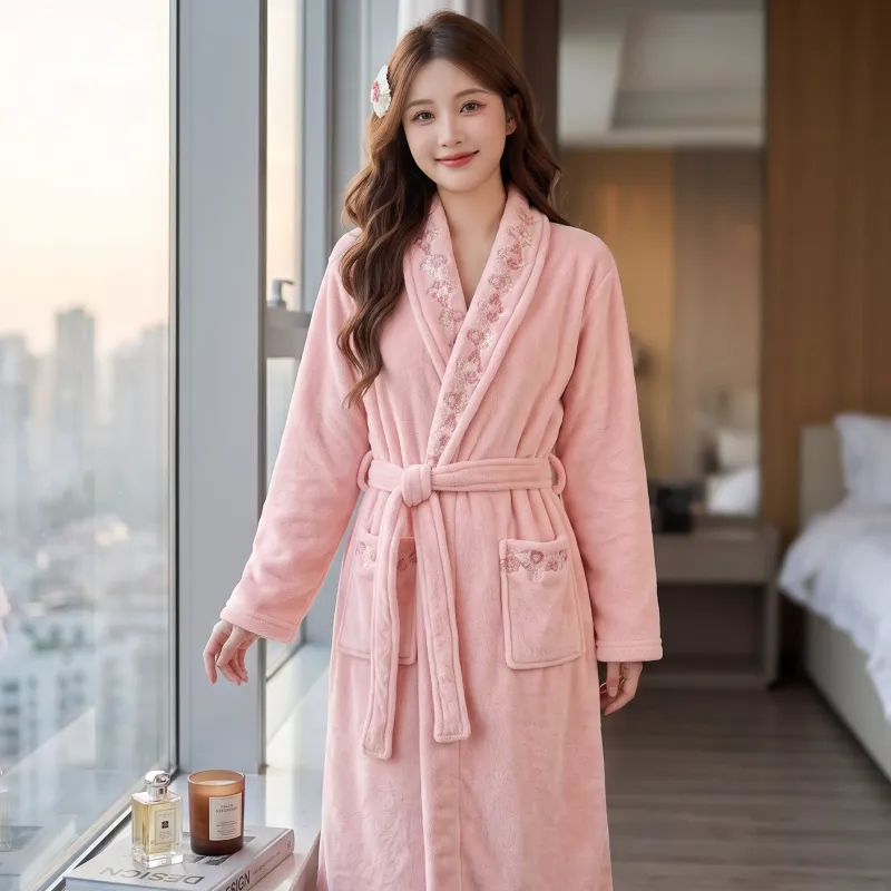 300G thickened warm coral fleece robe women bathrobe loose tie pajamas cherry embroidery flannel · Wholesale · OEM · Worldwide Shipping - View 3