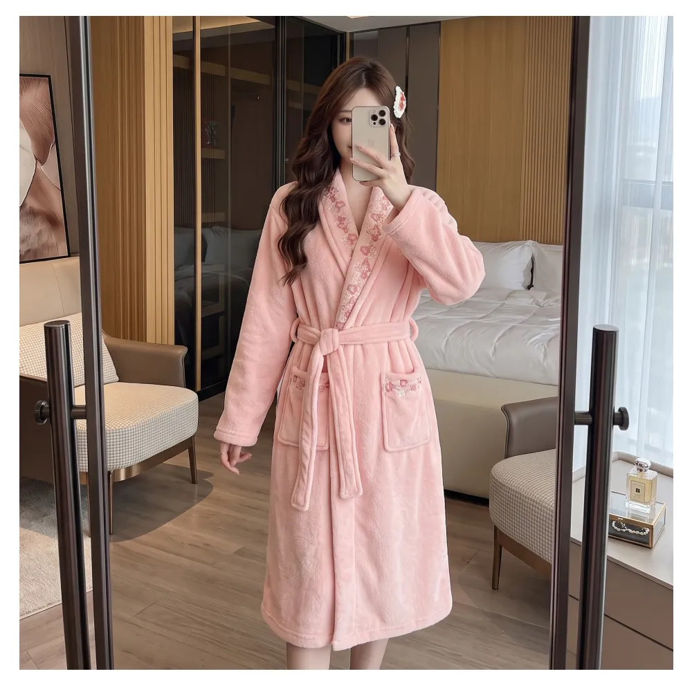 300G thickened warm coral fleece robe women bathrobe loose tie pajamas cherry embroidery flannel · Wholesale · OEM · Worldwide Shipping - Detail 7
