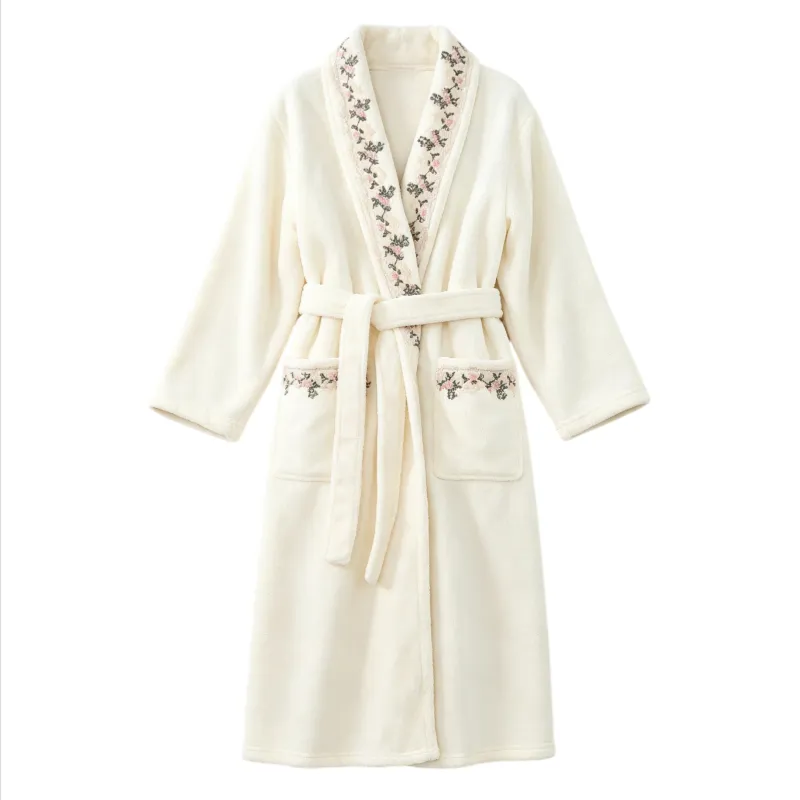 300G thickened warm coral fleece robe women bathrobe loose tie pajamas cherry embroidery flannel · Wholesale · OEM · Worldwide Shipping - View 4