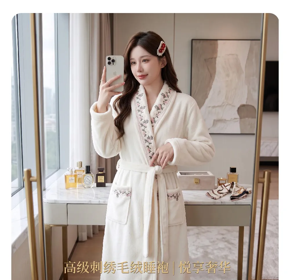 300G thickened warm coral fleece robe women bathrobe loose tie pajamas cherry embroidery flannel · Wholesale · OEM · Worldwide Shipping - Detail 2