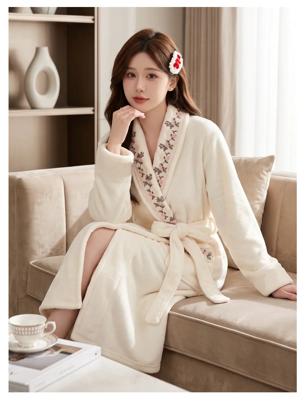 300G thickened warm coral fleece robe women bathrobe loose tie pajamas cherry embroidery flannel · Wholesale · OEM · Worldwide Shipping - Detail 6