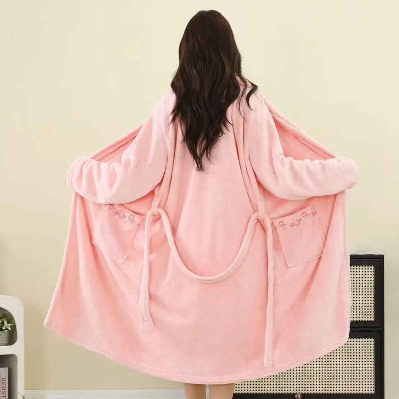 300G thickened warm coral fleece robe women bathrobe loose tie pajamas cherry embroidery flannel · Wholesale · OEM · Worldwide Shipping - Detail 10
