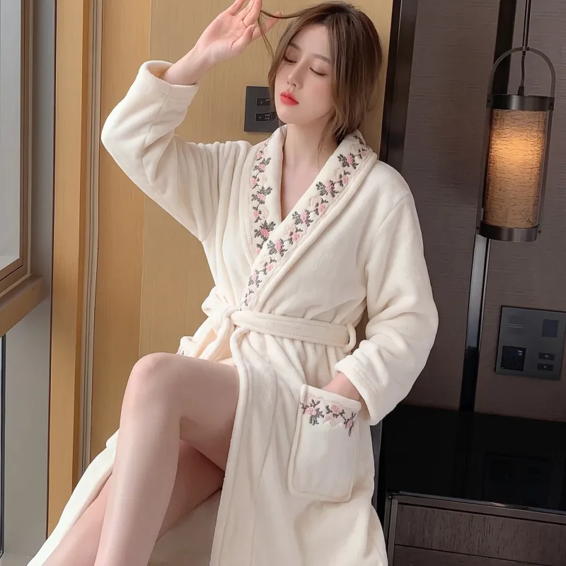 300G thickened warm coral fleece robe women bathrobe loose tie pajamas cherry embroidery flannel · Wholesale · OEM · Worldwide Shipping