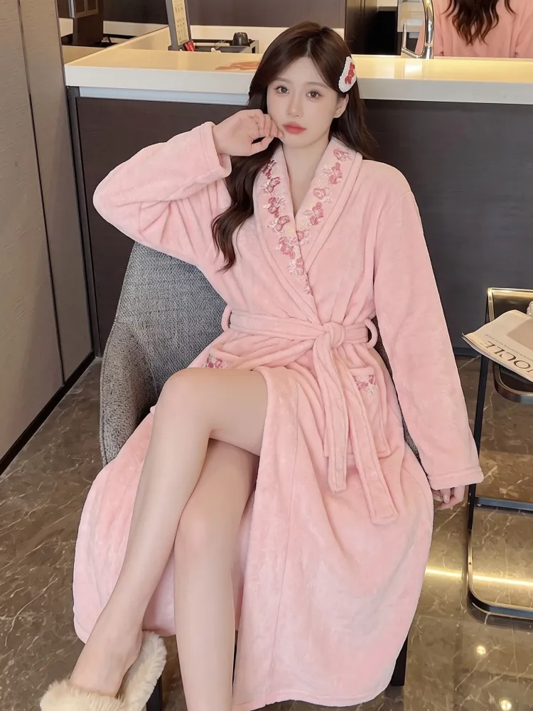 300G thickened warm coral fleece robe women bathrobe loose tie pajamas cherry embroidery flannel · Wholesale · OEM · Worldwide Shipping - Detail 9