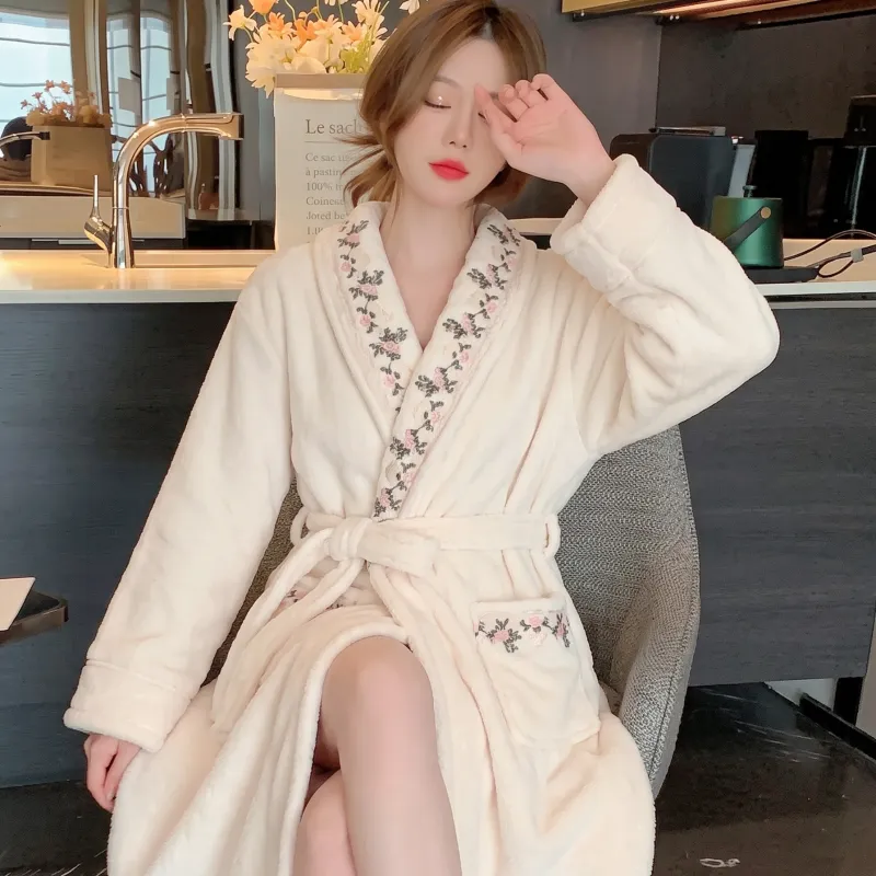 300G thickened warm coral fleece robe women bathrobe loose tie pajamas cherry embroidery flannel · Wholesale · OEM · Worldwide Shipping - View 1