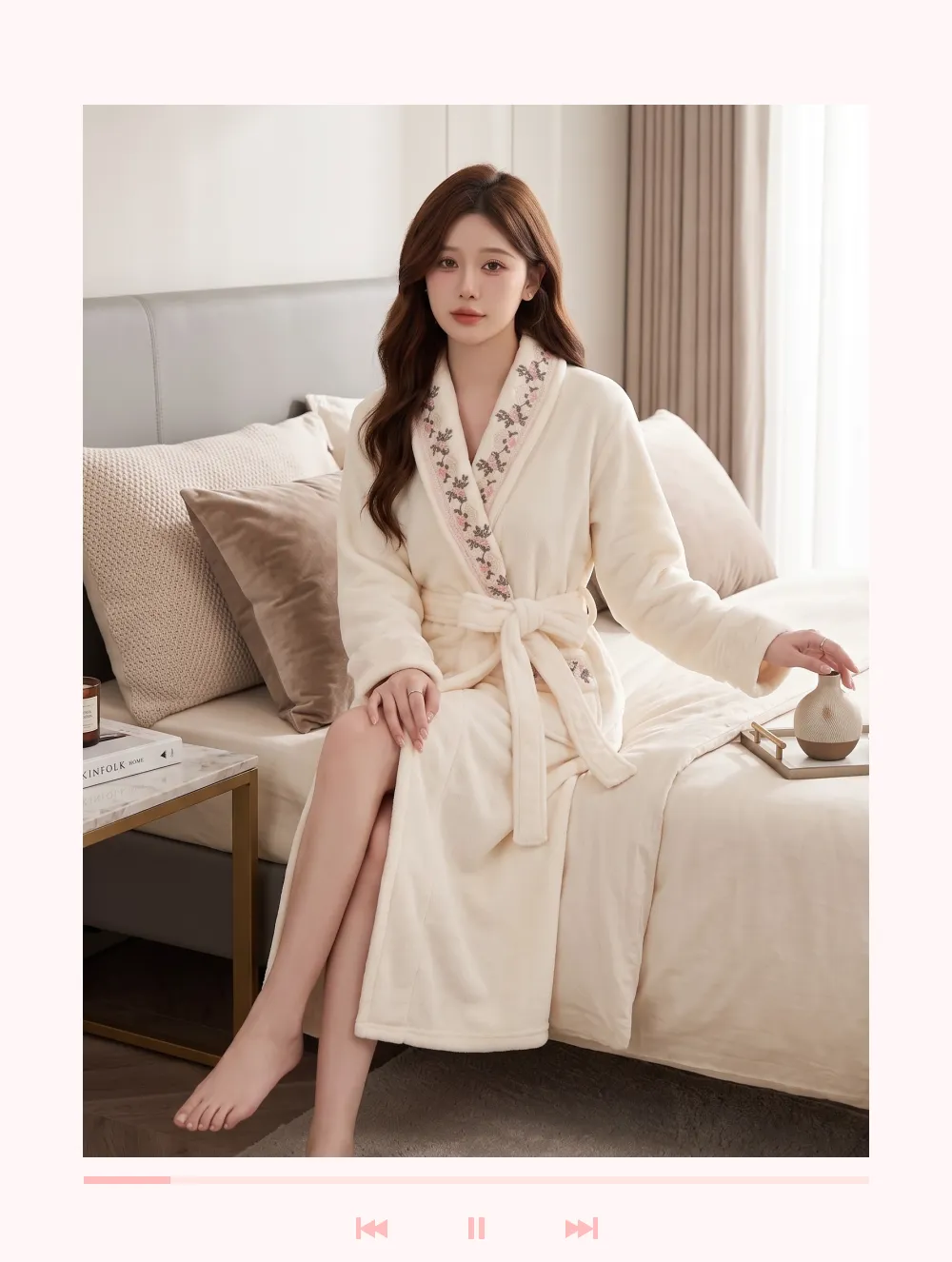 300G thickened warm coral fleece robe women bathrobe loose tie pajamas cherry embroidery flannel · Wholesale · OEM · Worldwide Shipping - Detail 3