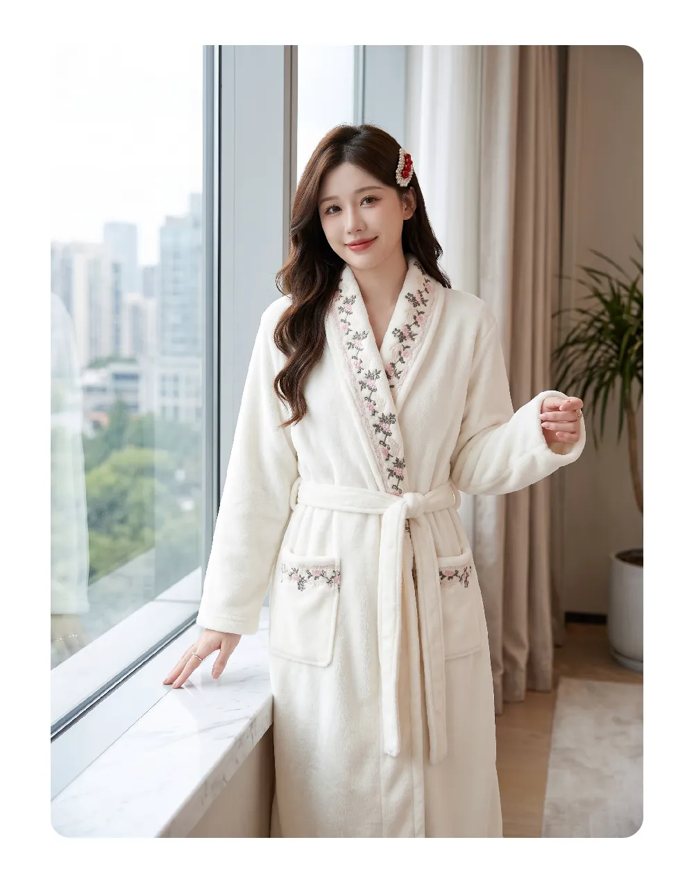 300G thickened warm coral fleece robe women bathrobe loose tie pajamas cherry embroidery flannel · Wholesale · OEM · Worldwide Shipping - Detail 5