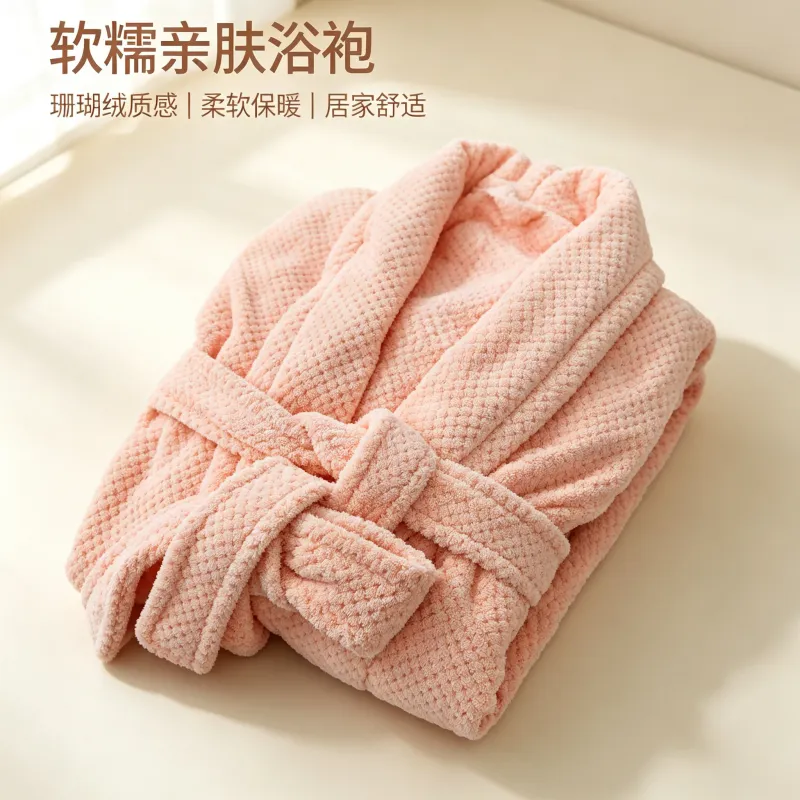 300G Autumn Winter Women's Robe Warm Flannel Bathrobe Pink Simple Pineapple Grid Coral Fleece Pajamas · Wholesale · OEM · Worldwide Shipping - View 2