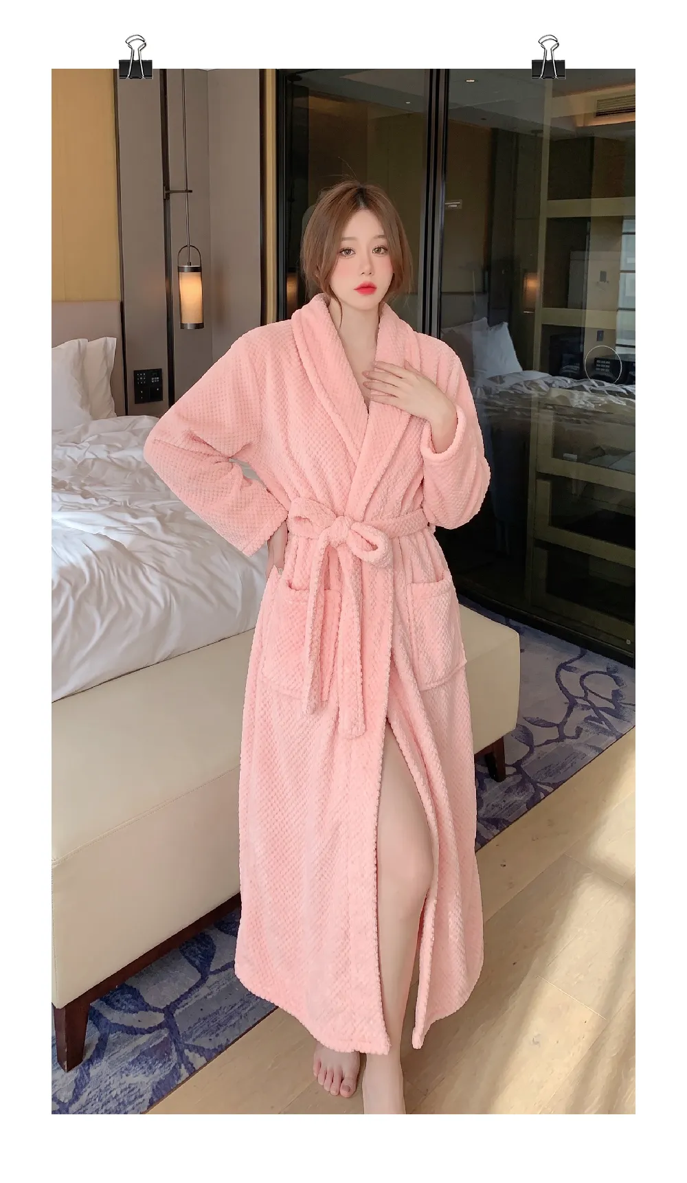 300G Autumn Winter Women's Robe Warm Flannel Bathrobe Pink Simple Pineapple Grid Coral Fleece Pajamas · Wholesale · OEM · Worldwide Shipping - Detail 2