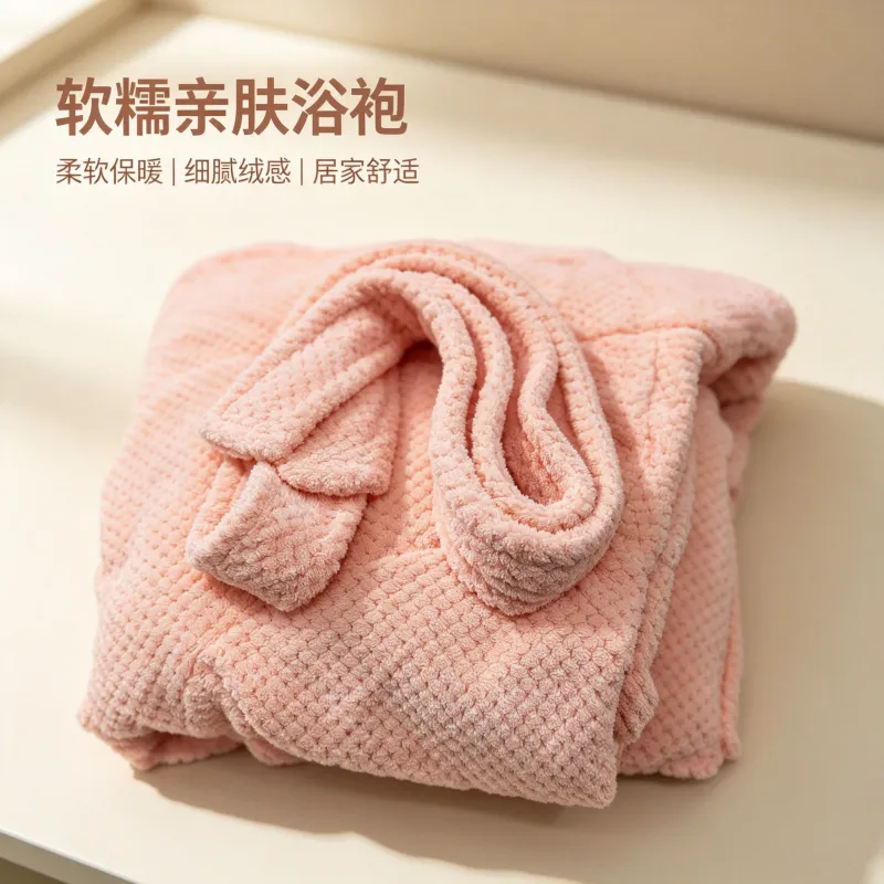 300G Autumn Winter Women's Robe Warm Flannel Bathrobe Pink Simple Pineapple Grid Coral Fleece Pajamas · Wholesale · OEM · Worldwide Shipping - View 3
