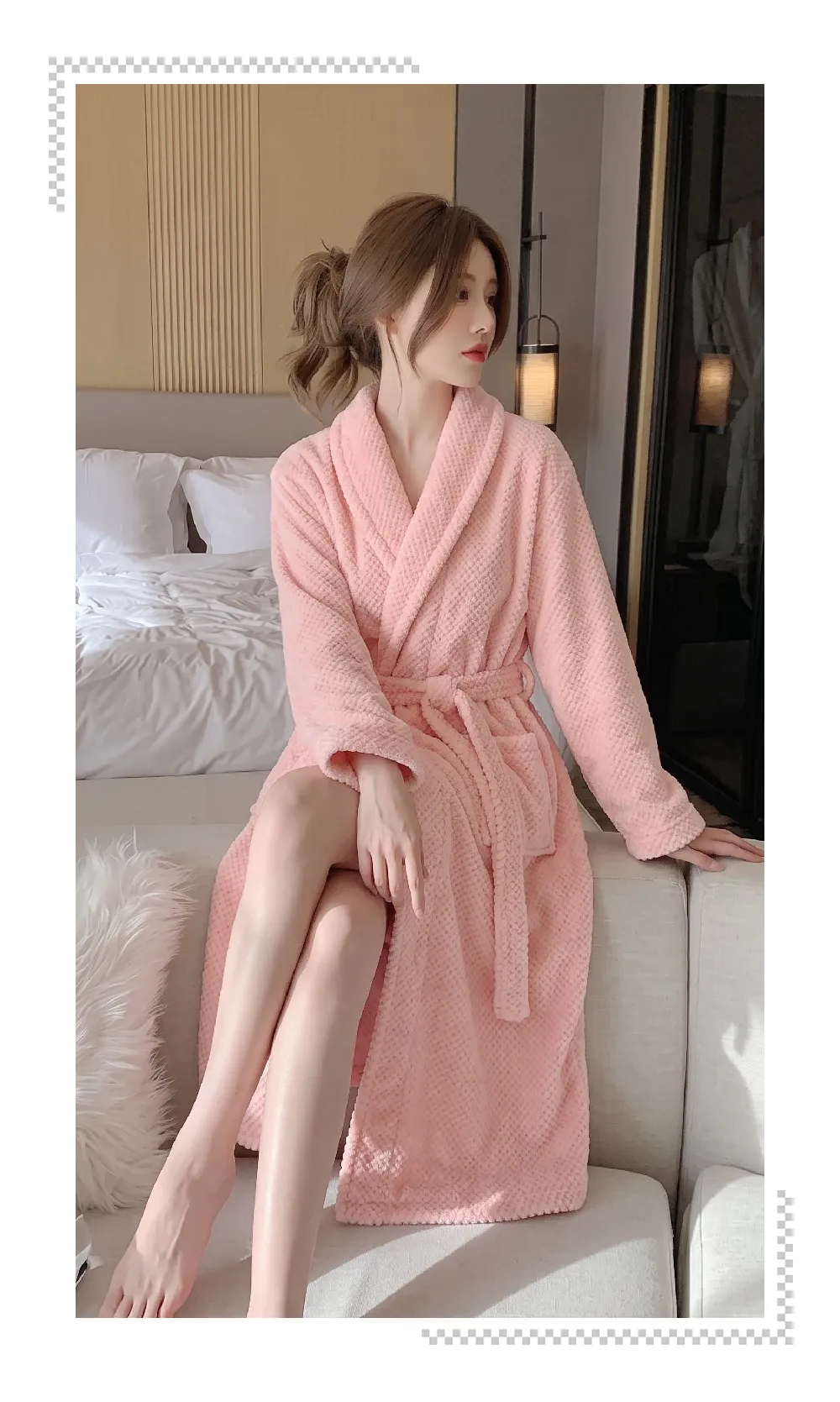 300G Autumn Winter Women's Robe Warm Flannel Bathrobe Pink Simple Pineapple Grid Coral Fleece Pajamas · Wholesale · OEM · Worldwide Shipping - Detail 1