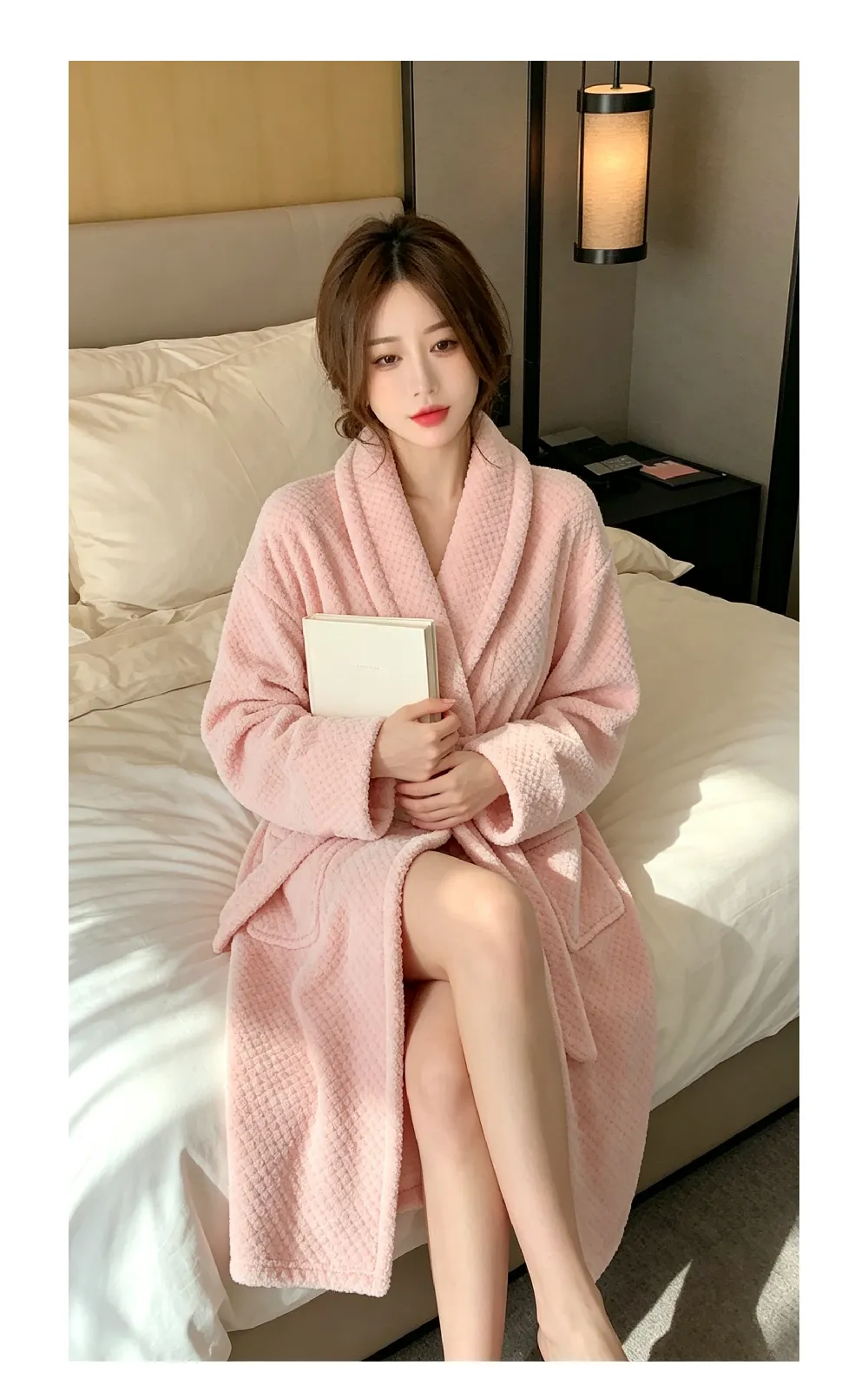 300G Autumn Winter Women's Robe Warm Flannel Bathrobe Pink Simple Pineapple Grid Coral Fleece Pajamas · Wholesale · OEM · Worldwide Shipping - Detail 4