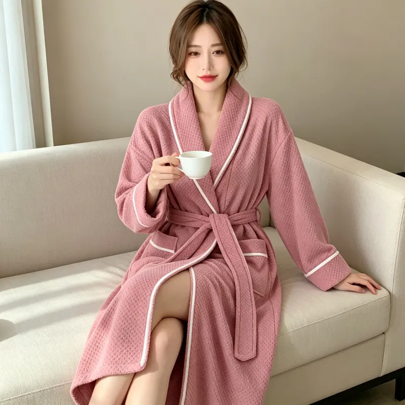 Peignoir femme automne-hiver chaud flanelle peignoir ample ceinture pyjama blanc minimaliste femme pur désir polaire corail · Grossiste · OEM · Mondial - View 1