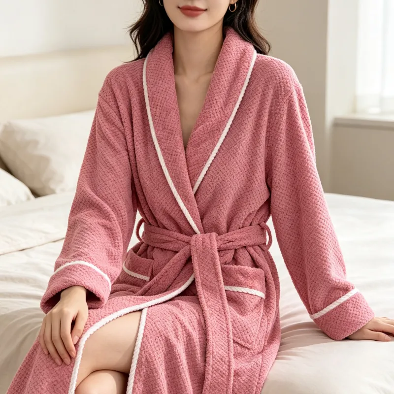 Peignoir femme automne-hiver chaud flanelle peignoir ample ceinture pyjama blanc minimaliste femme pur désir polaire corail · Grossiste · OEM · Mondial - Detail 2