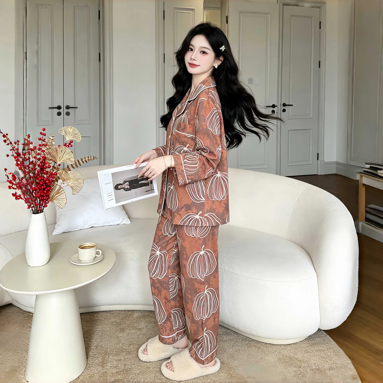 Set Musim Semi/Gugur Baru untuk Wanita, Piyama Rumahan Two-Piece Lengan Panjang dan Celana Panjang dari Katun, Gaya Santai dengan Kerah Turn-down, Cardigan yang Bisa Dipakai di Luar · Grosir · OEM · Pengiriman Global - View 4