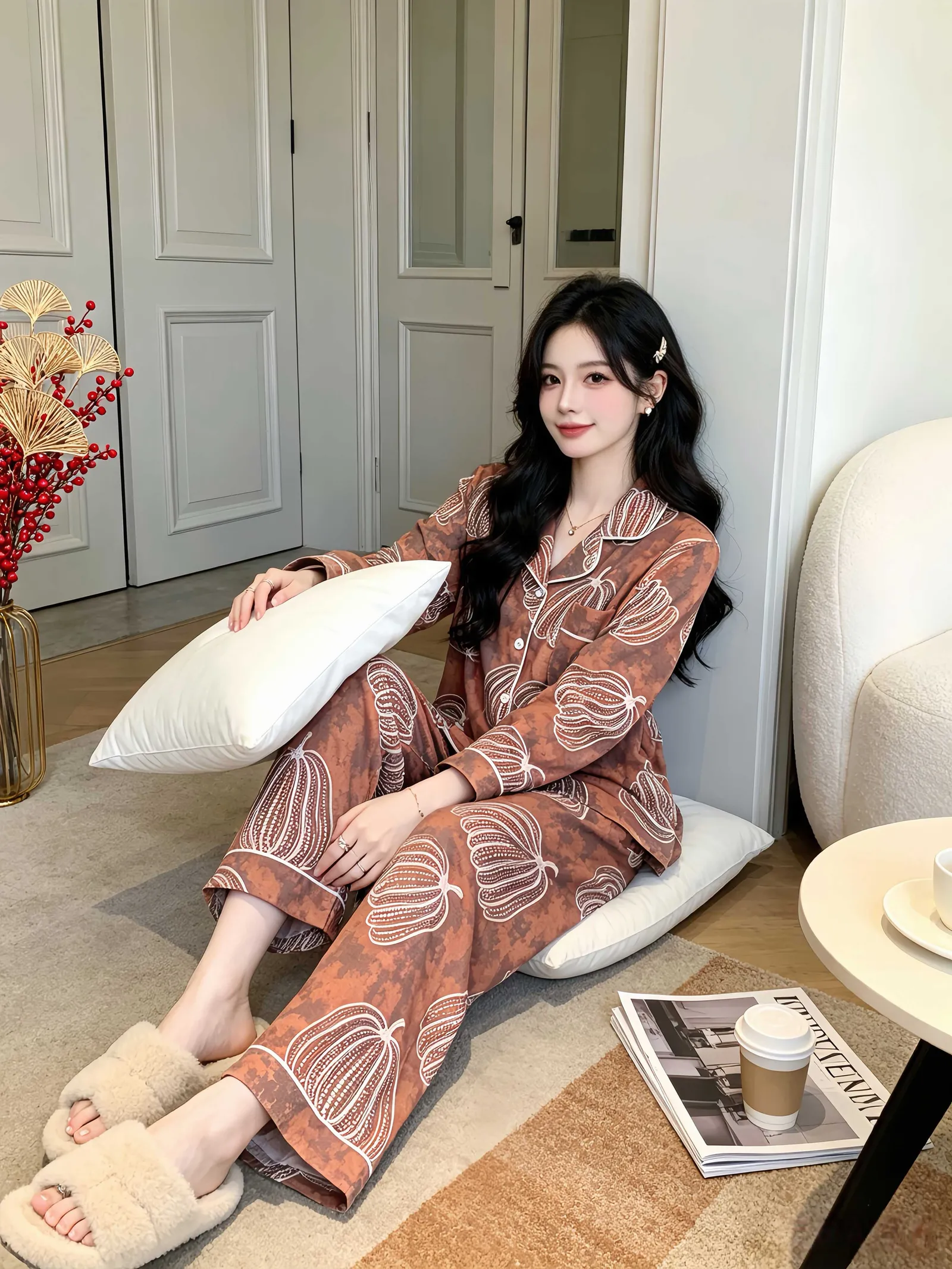 Set Musim Semi/Gugur Baru untuk Wanita, Piyama Rumahan Two-Piece Lengan Panjang dan Celana Panjang dari Katun, Gaya Santai dengan Kerah Turn-down, Cardigan yang Bisa Dipakai di Luar · Grosir · OEM · Pengiriman Global - Detail 1