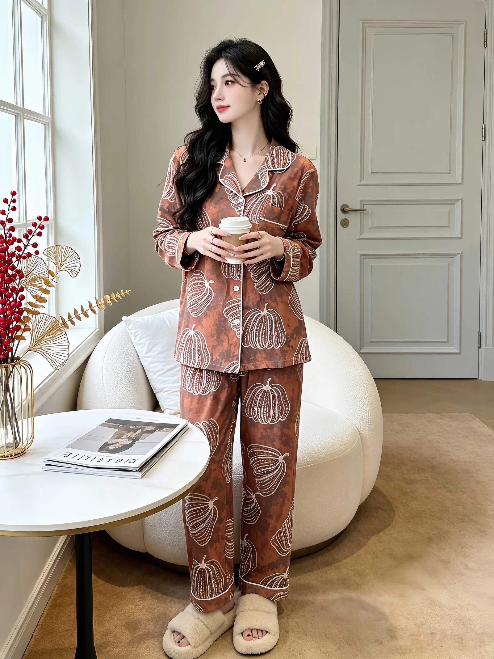 Set Musim Semi/Gugur Baru untuk Wanita, Piyama Rumahan Two-Piece Lengan Panjang dan Celana Panjang dari Katun, Gaya Santai dengan Kerah Turn-down, Cardigan yang Bisa Dipakai di Luar · Grosir · OEM · Pengiriman Global - Detail 9